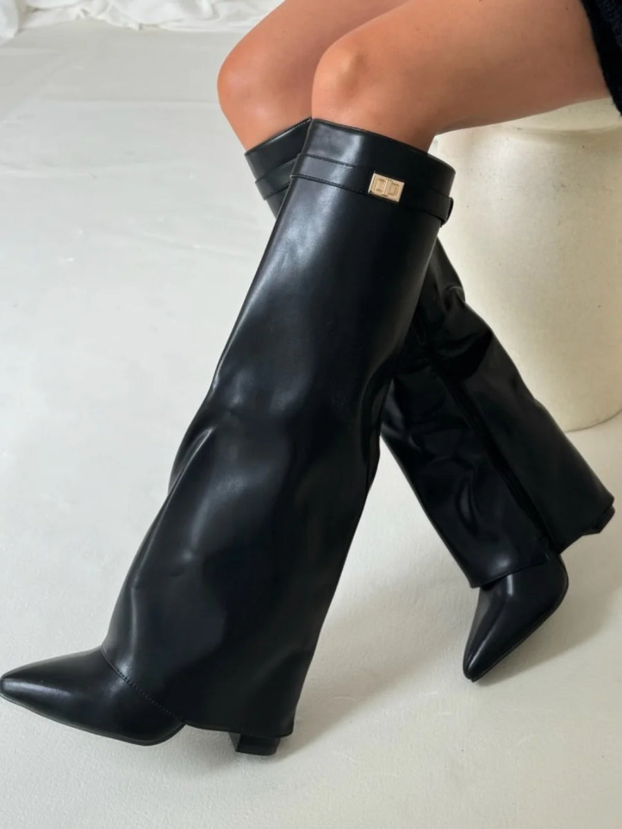 Sutton - Women's Flare-Cuff Buckle Knee-High Boots