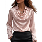 Sylvia - Women's Long-Sleeve Satin Blouse with Cowl Neckline