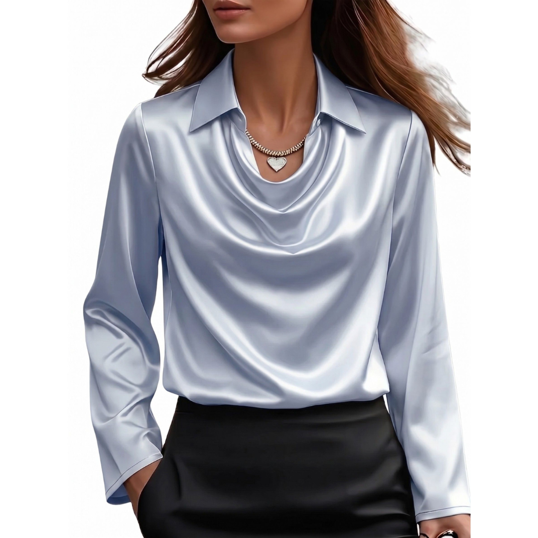 Sylvia - Women's Long-Sleeve Satin Blouse with Cowl Neckline