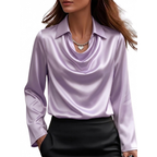 Sylvia - Women's Long-Sleeve Satin Blouse with Cowl Neckline