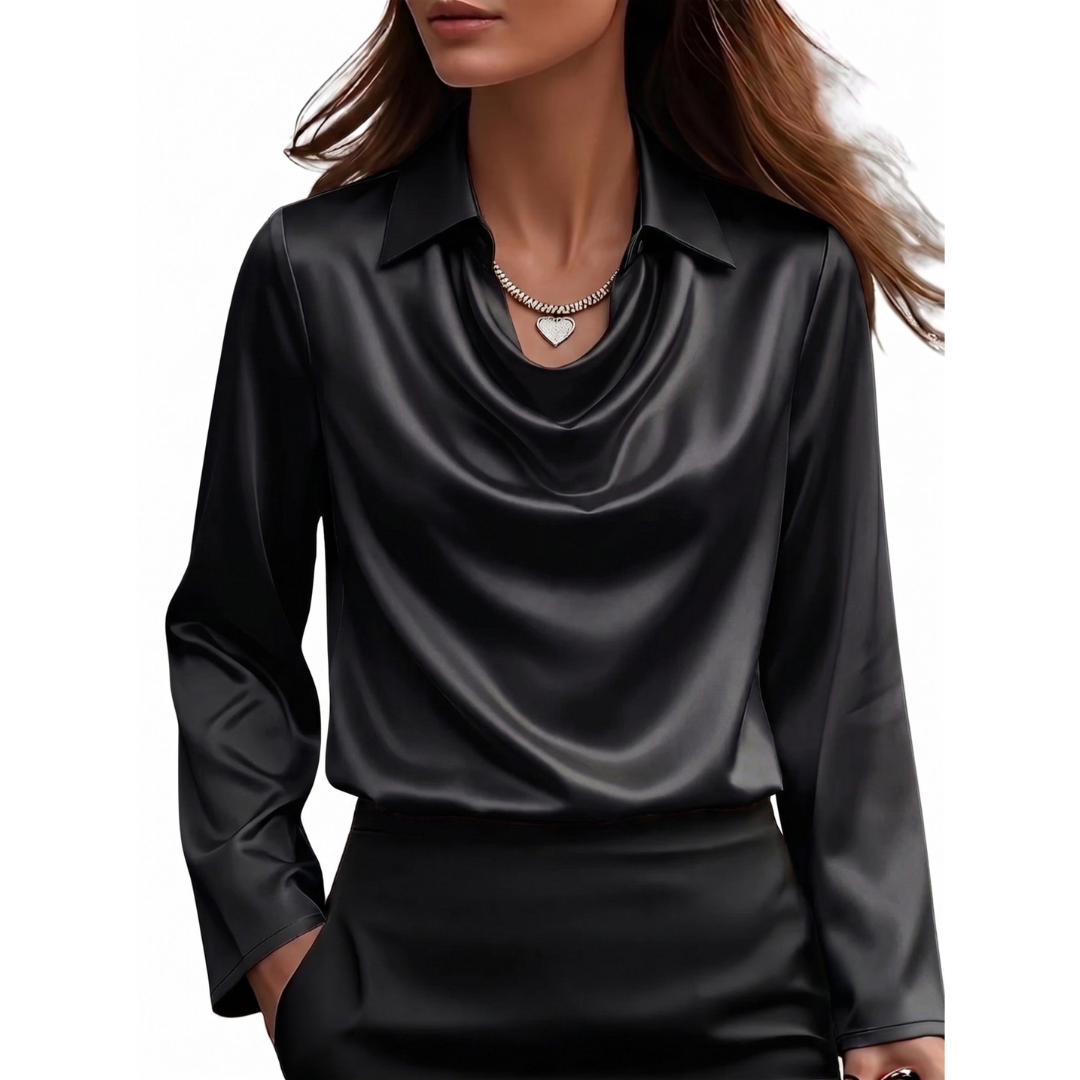 Sylvia - Women's Long-Sleeve Satin Blouse with Cowl Neckline