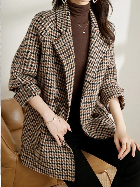 Sylvia - Women's Oversized Houndstooth Blazer with Notch Lapels