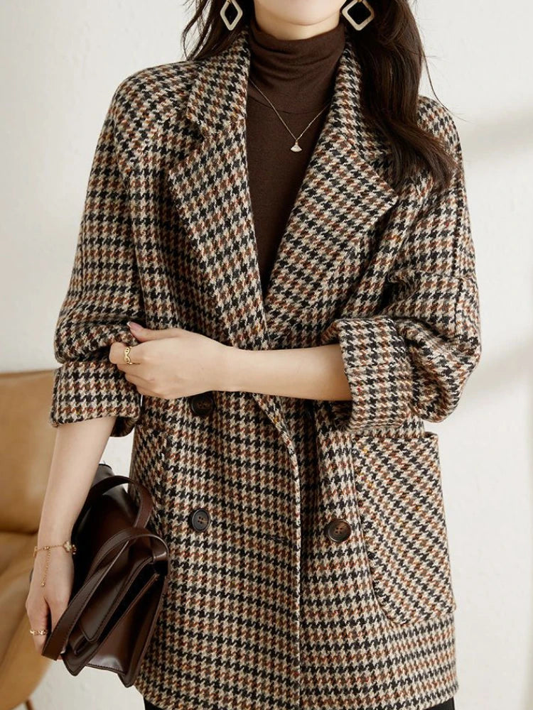 Sylvia - Women's Oversized Houndstooth Blazer with Notch Lapels