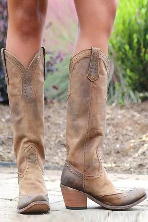 Tabitha - Women's Rivet-Embellished Knee-High Boots with Block Heel