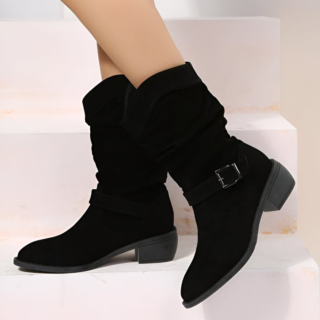Taffy - Women's Slouch Suede-Look Boots with Buckle Strap