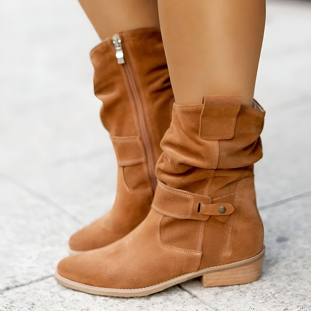 Taffy - Women's Slouch Suede-Look Boots with Buckle Strap