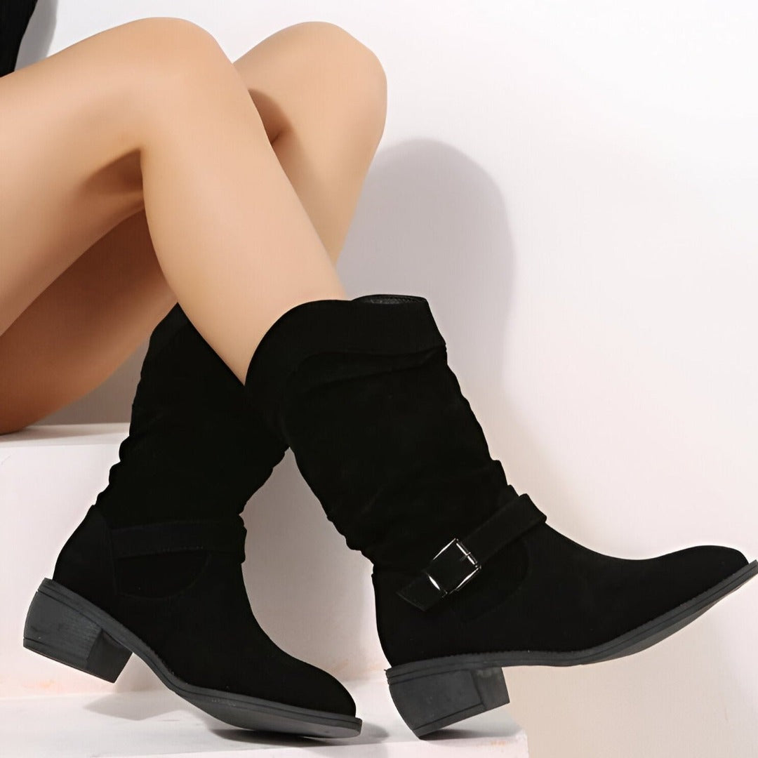 Taffy - Women's Slouch Suede-Look Boots with Buckle Strap