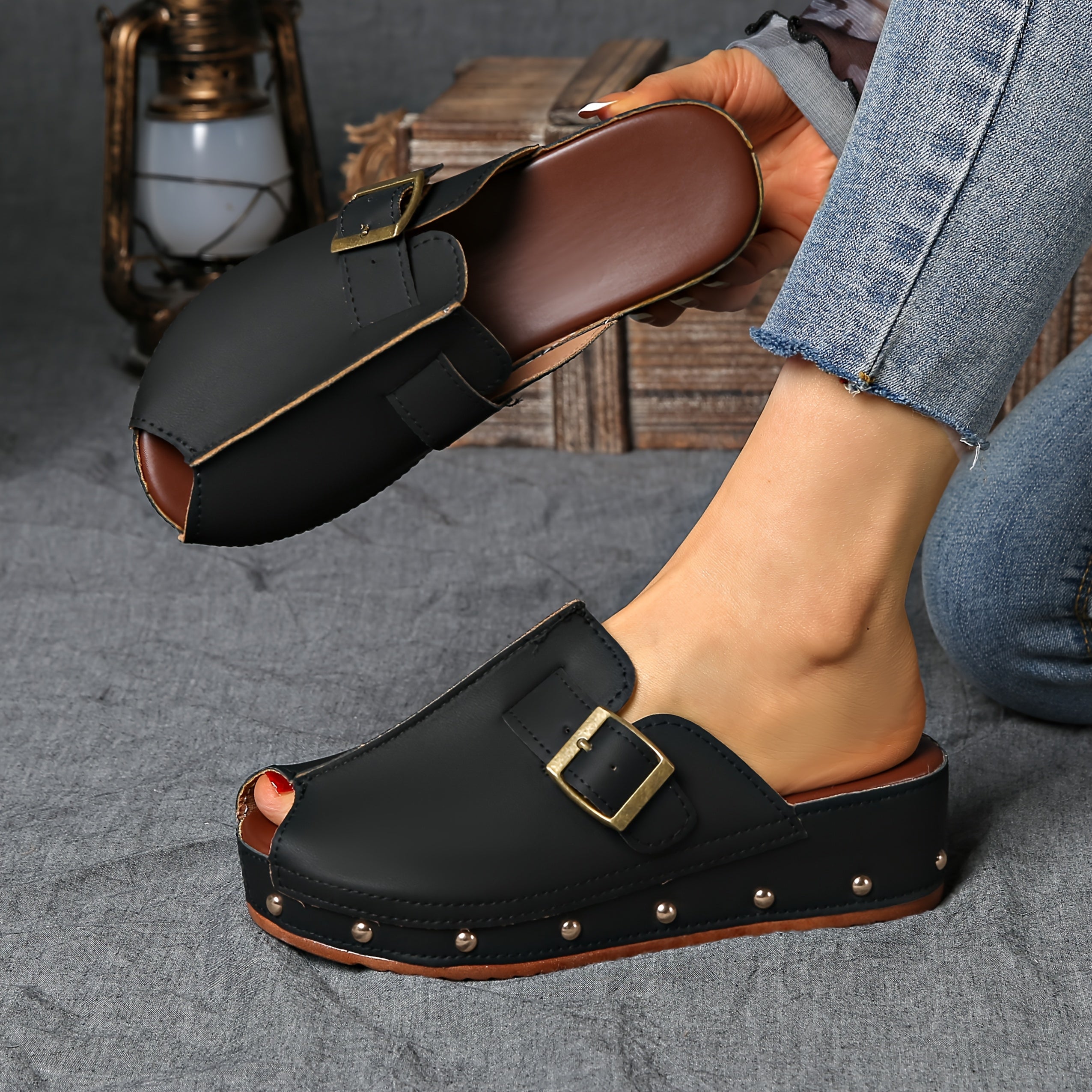 Tatiana - Women's Buckle-Strap Platform Clogs with Studded Sole