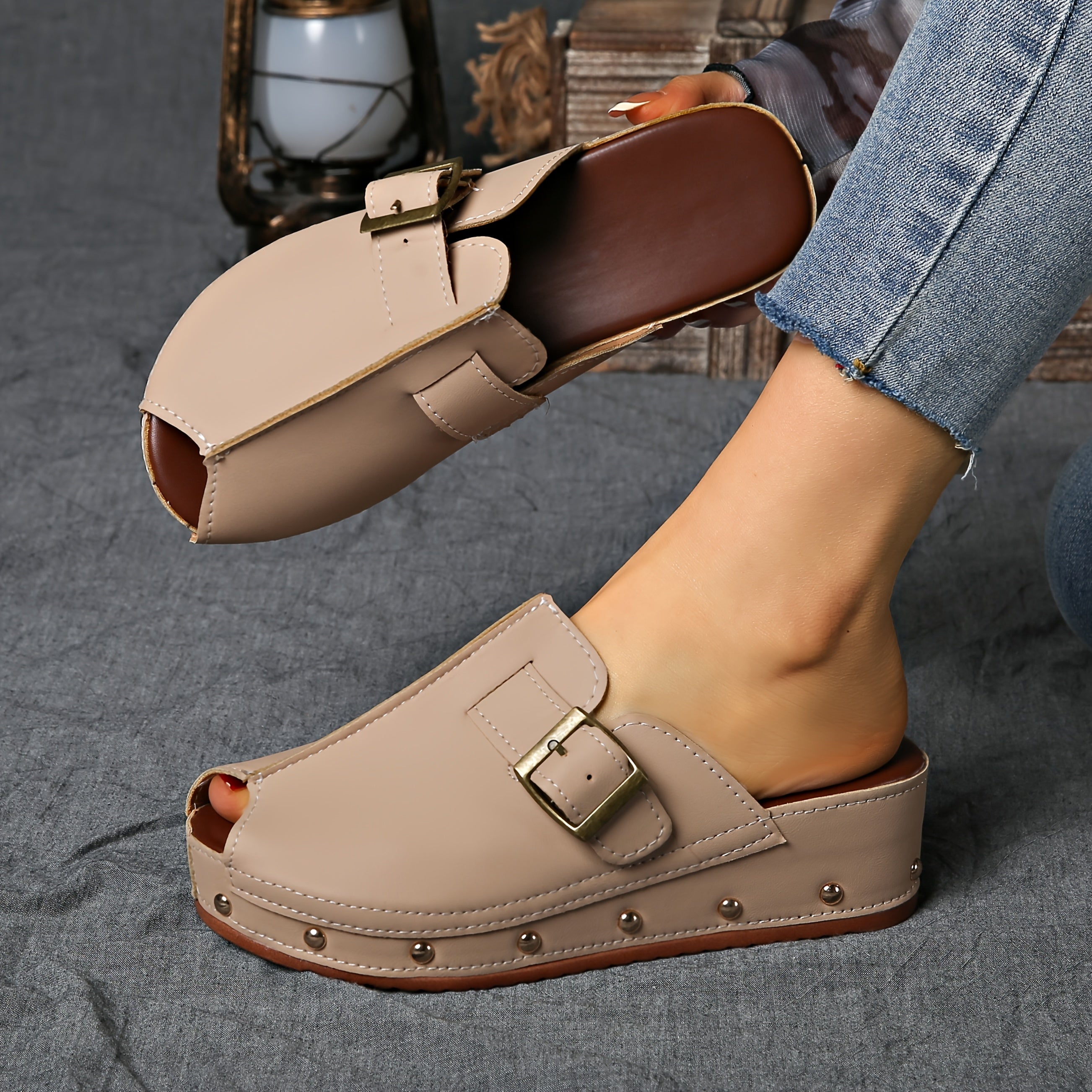 Tatiana - Women's Buckle-Strap Platform Clogs with Studded Sole