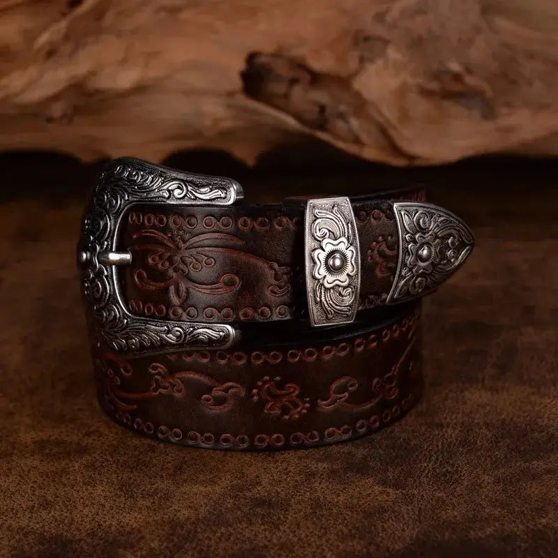 Thaddeus - Men's Embossed Leather Belt with Ornate Silver Buckle