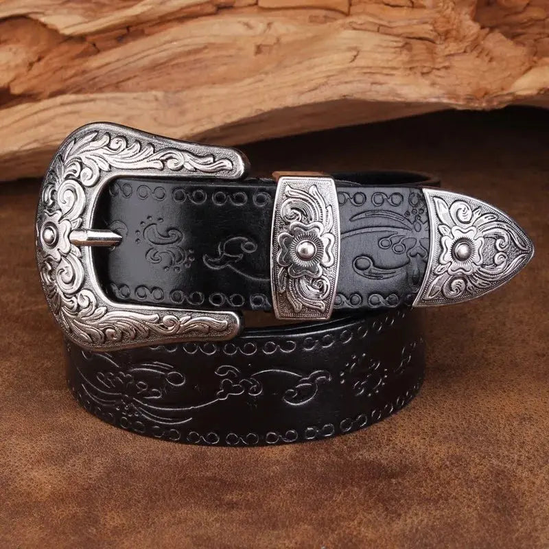 Thaddeus - Men's Embossed Leather Belt with Ornate Silver Buckle