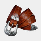 Thaddeus - Men's Embossed Leather Belt with Ornate Silver Buckle
