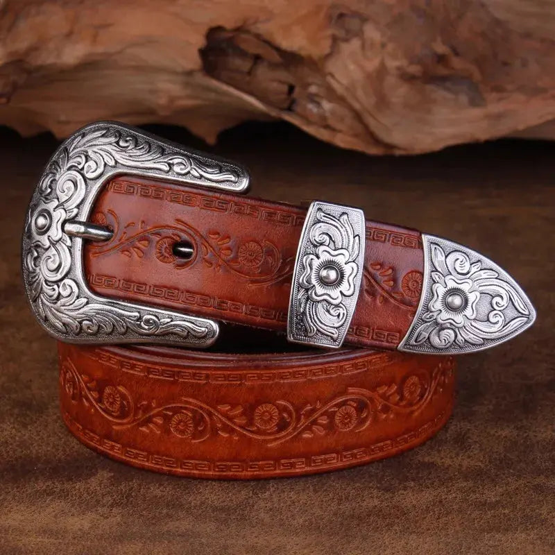 Thaddeus - Men's Embossed Leather Belt with Ornate Silver Buckle