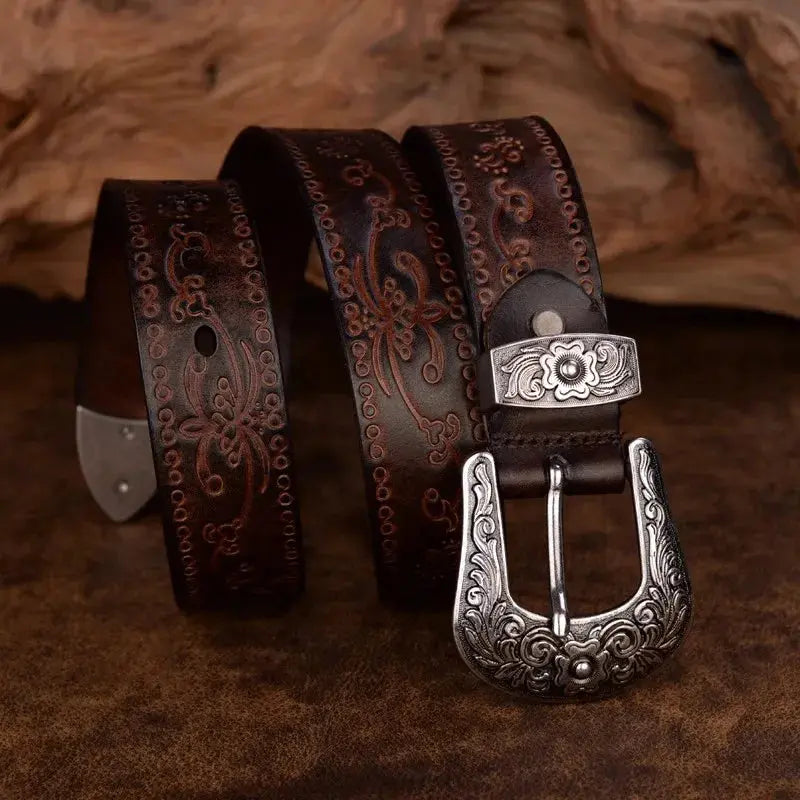 Thaddeus - Men's Embossed Leather Belt with Ornate Silver Buckle