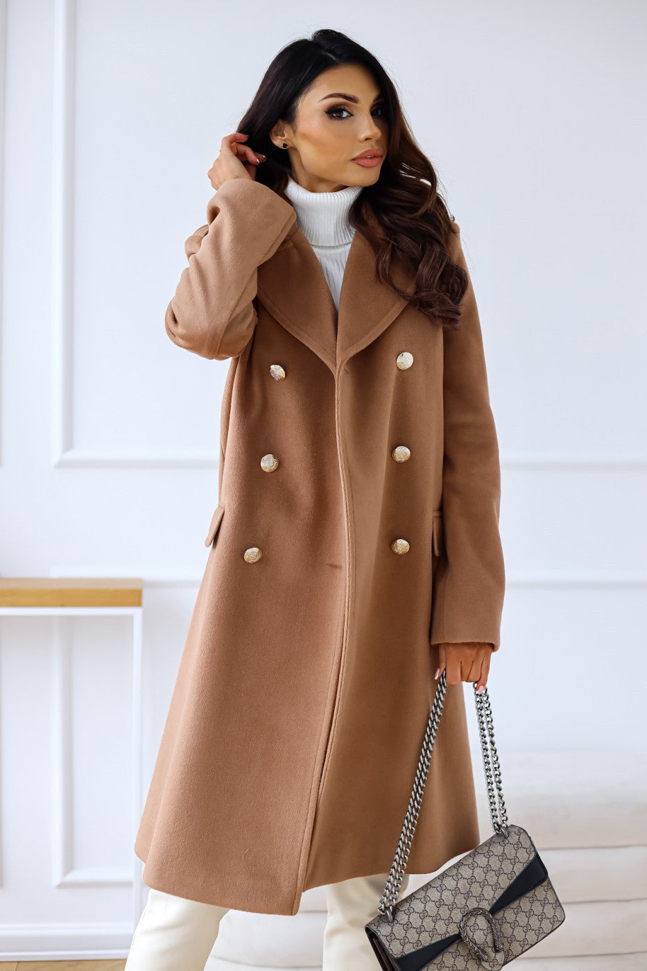 Theodora - Women's Peak Lapel Tailored Coat with Gold Buttons