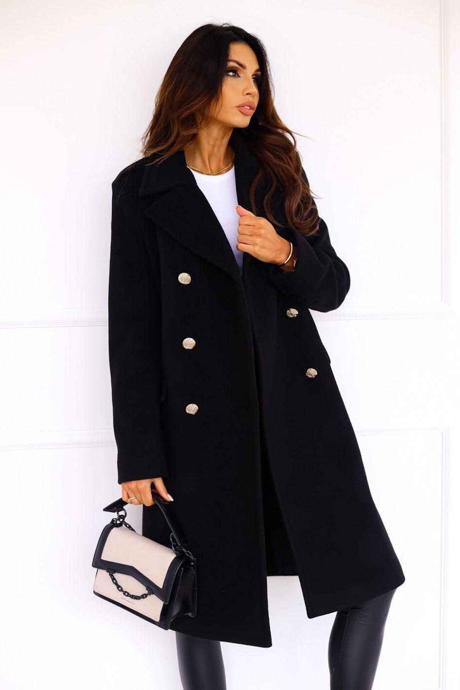 Theodora - Women's Peak Lapel Tailored Coat with Gold Buttons