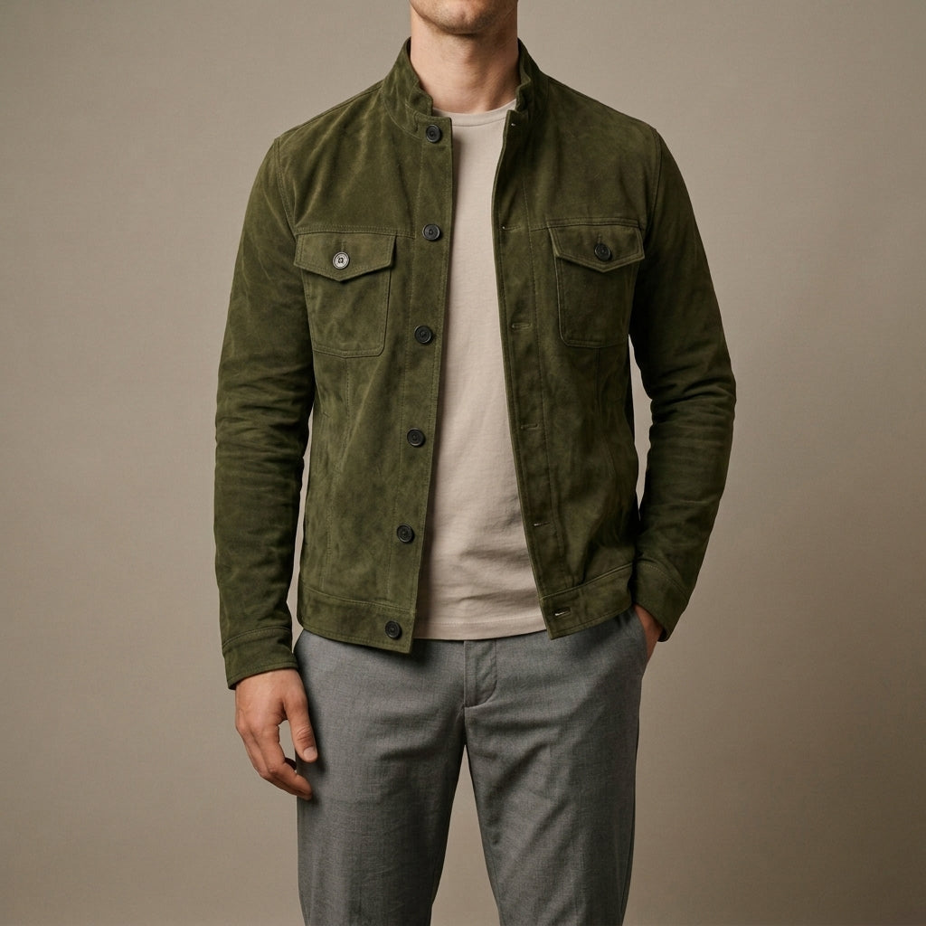 Tobias - Men's Faux-Suede Button-Front Jacket with Chest Pockets