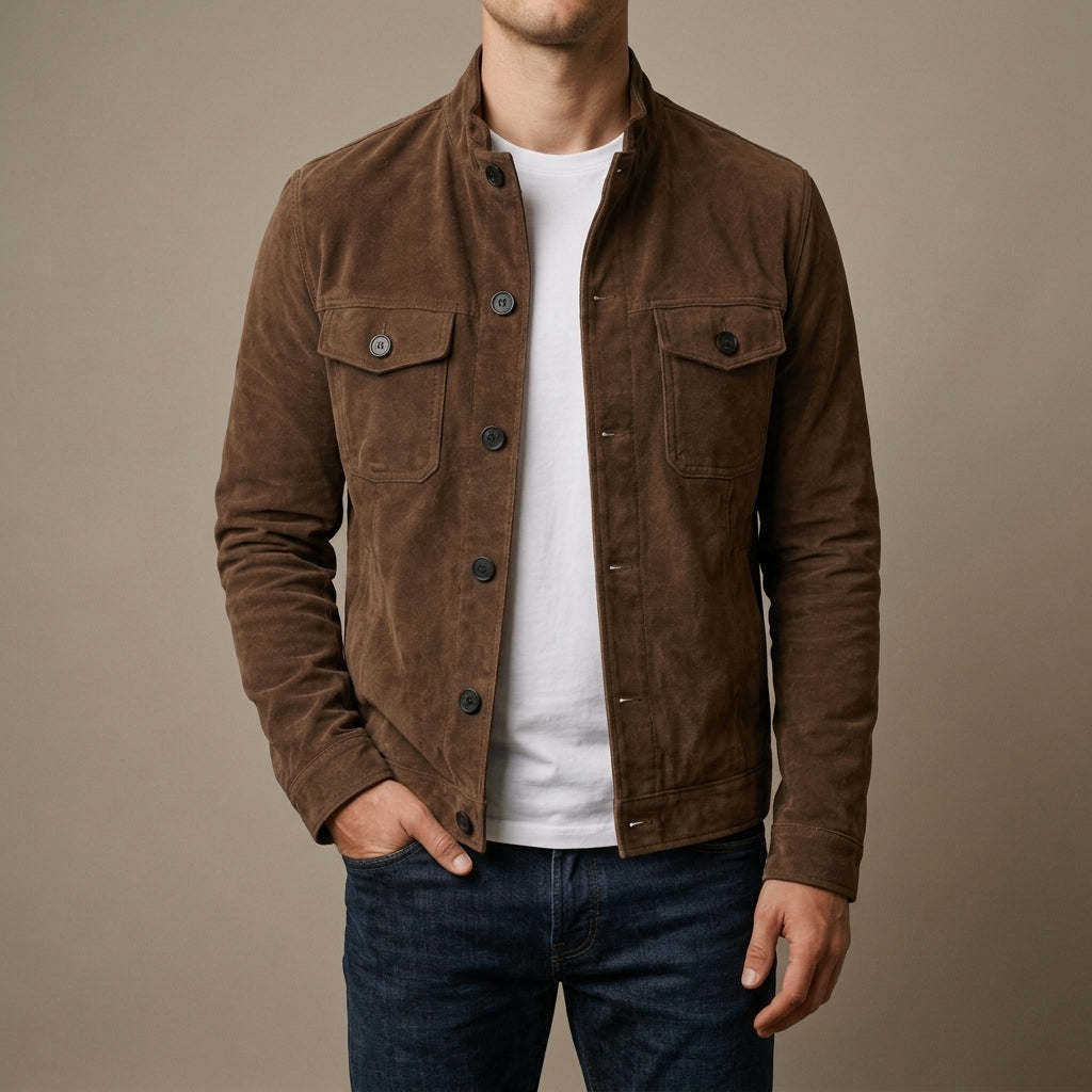 Tobias - Men's Faux-Suede Button-Front Jacket with Chest Pockets