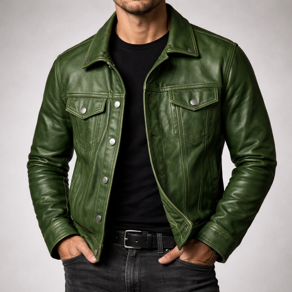 Tristan - Men's Chest-Pocket Leather Jacket with Snap Closure