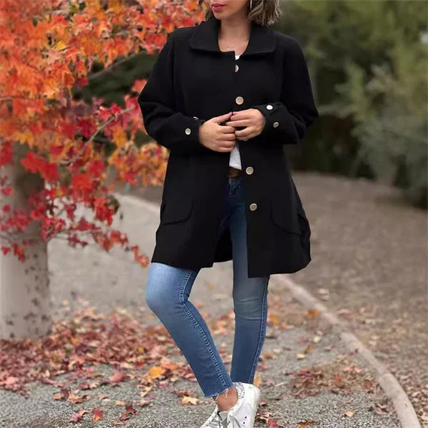 Venetia - Women's Button-Front Wool Coat with Notch Collar