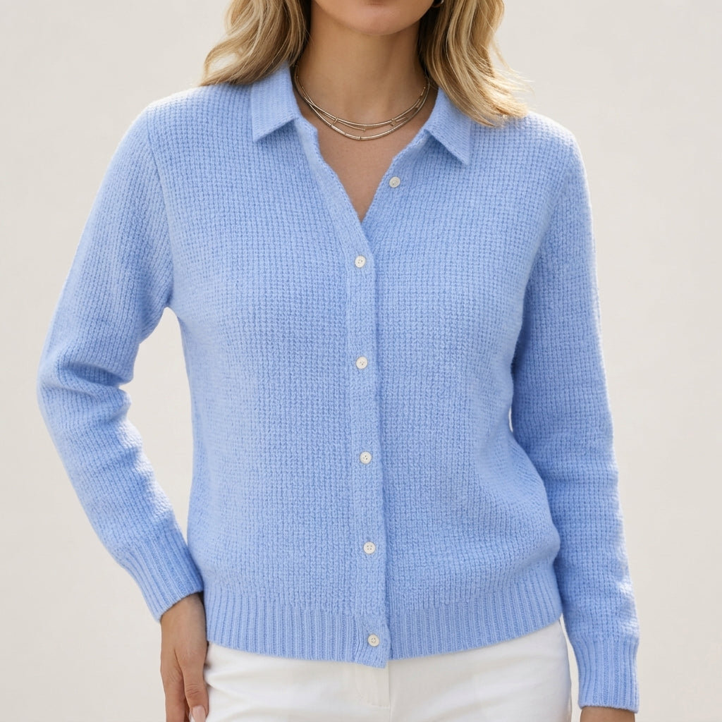 Violet - Women's Collared Button-Front Ribbed Knit Cardigan