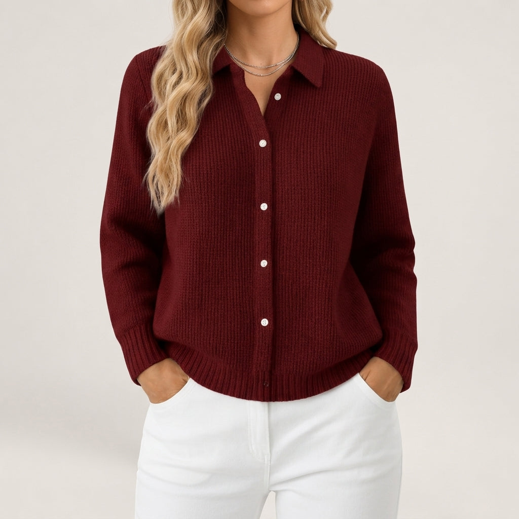 Violet - Women's Collared Button-Front Ribbed Knit Cardigan