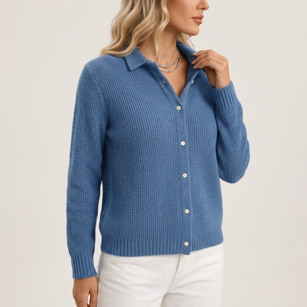Violet - Women's Collared Button-Front Ribbed Knit Cardigan