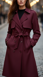 Vivienne - Women's Burgundy Double-Breasted Trench Coat with Tie Belt