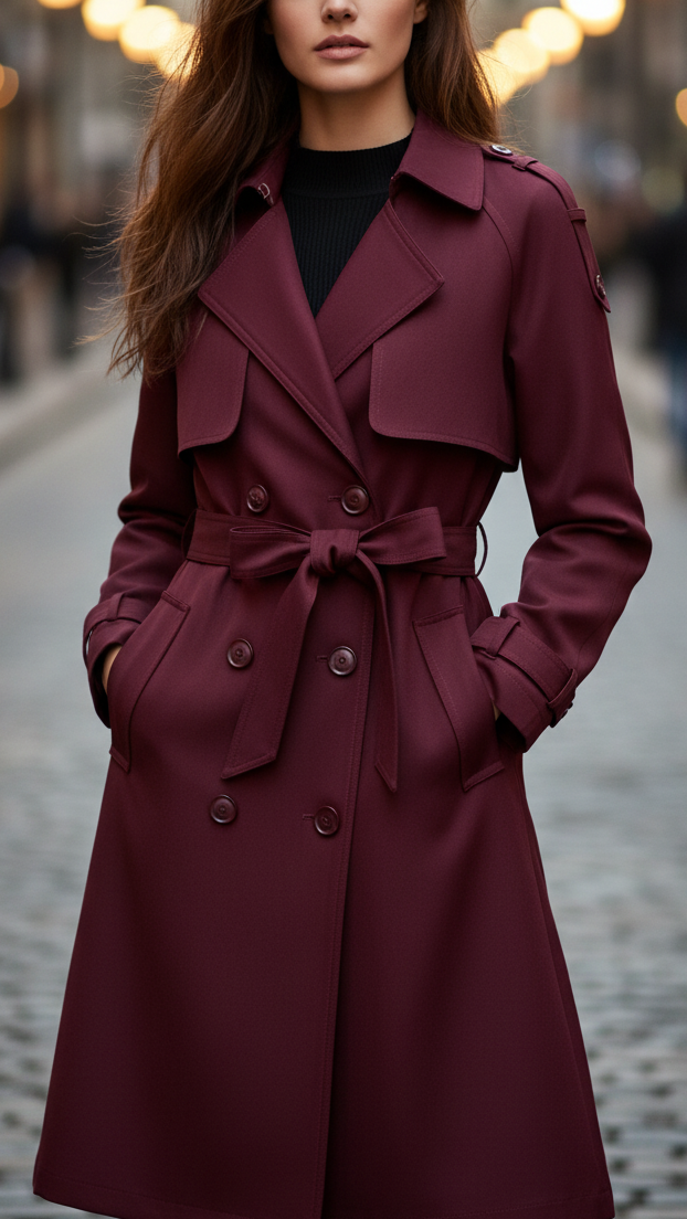 Vivienne - Women's Burgundy Double-Breasted Trench Coat with Tie Belt