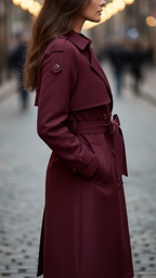Vivienne - Women's Burgundy Double-Breasted Trench Coat with Tie Belt