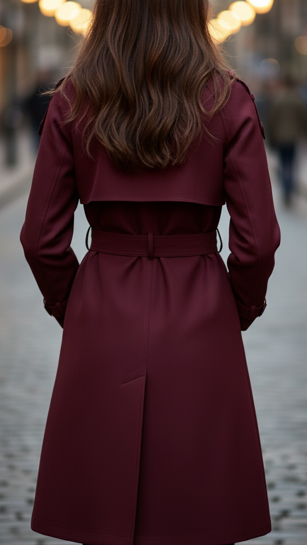 Vivienne - Women's Burgundy Double-Breasted Trench Coat with Tie Belt