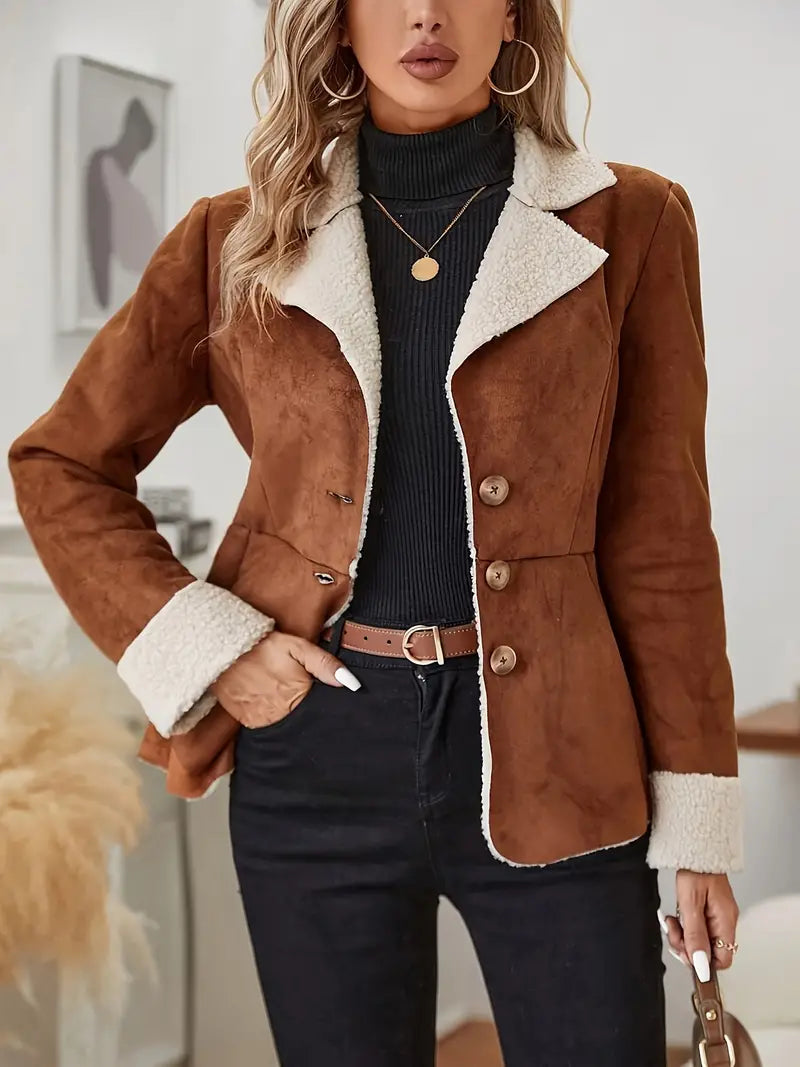 Willa - Women's Suede Blazer with Sherpa Collar and Cuff Trim