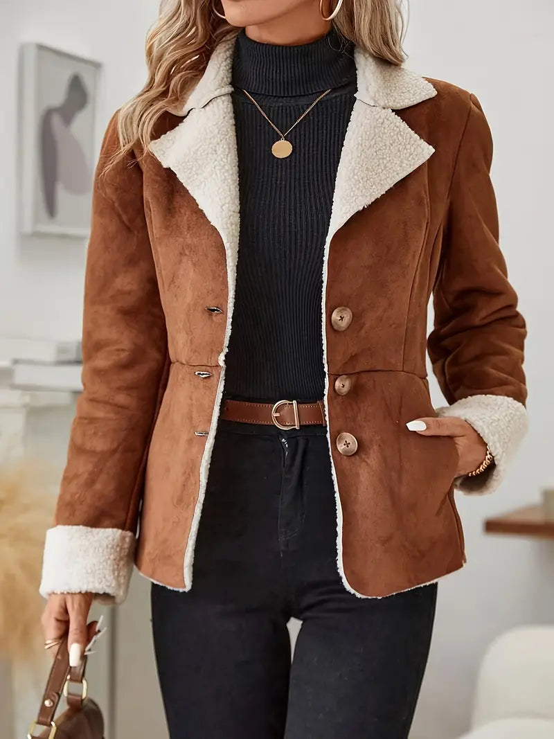 Willa - Women's Suede Blazer with Sherpa Collar and Cuff Trim